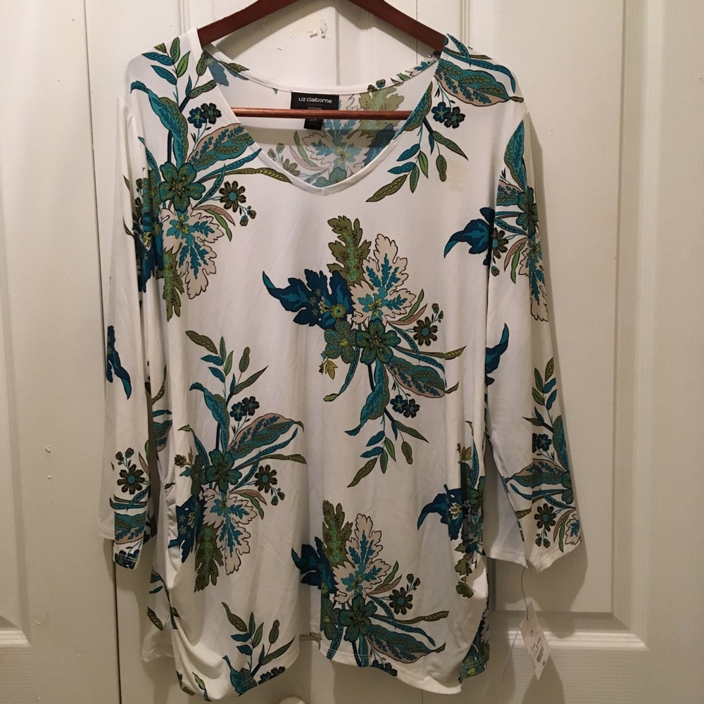 Liz Claiborne White Floral Print Long Sleeve Blouse